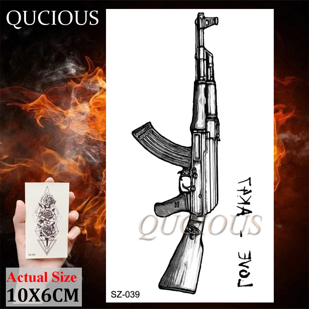 QUCIOUS Sexy AK47 Gun Tattoo Temporary Body Art Henna Tattoo Sticker For Men Women Mandala Moth Pendent Tatoo Paper Paste Makeup