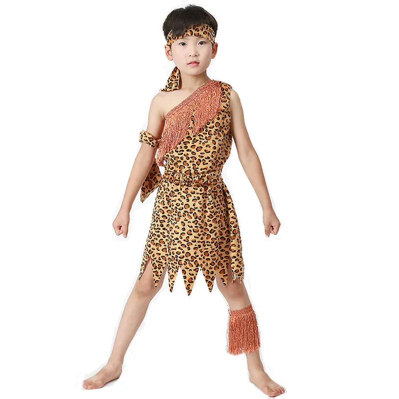 أزياء الهالوين فتاة وحشية للأولاد فتاة هندية وحشية ليوبارد مرحلة الأداء الدعائم الصبي هنتر البدائي
