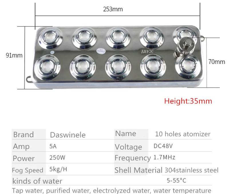 DC 48V 5000ML/1H przemysłowe 10 głowy ultrasoniczny dyfuzor Fogger nawilżacz powietrza akcesoria fontanna staw Atomizer cieplarnianych H