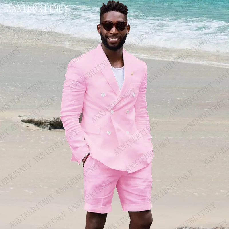 

ANNIEBRITNEY 2023 New Elegant Pink Wedding Men Suit With Short Pants Business Terno Masculino Summer Beach Men linen Groom Suits