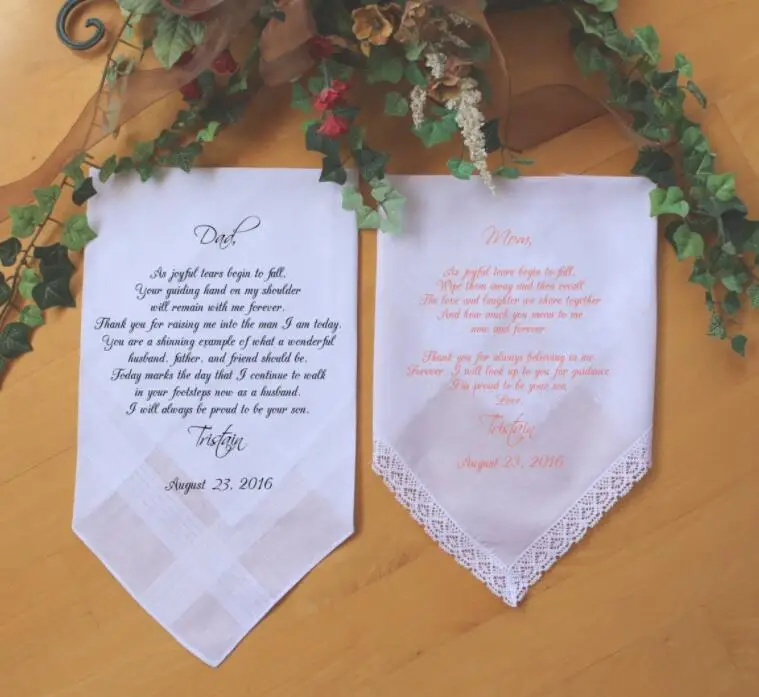 

set of 2 Customize any verse Parents of the Groom gift from the Groom, Wedding Handkerchief, PRINTED,Wedding Gifts from son