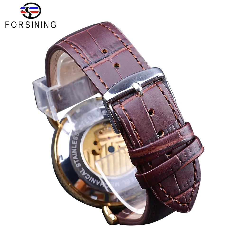 Forsining – montre-bracelet mécanique pour hommes, affichage squelette doré Royal, aiguilles bleues, marron, ceinture en cuir véritable, horloge