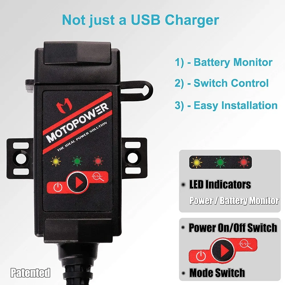 MOTOPOWER MP0608 3.1Amp Motorcycle Dual USB Charger SAE to USB Adapter Battery Monitor with Switch