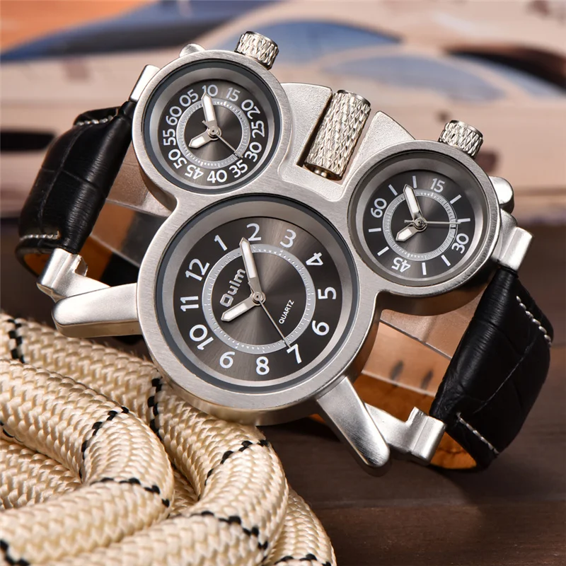 Oulm 1167 Men's Watches Three Time Zone Clock Casual Leather Strap Wristwatch Luxury Brand Male Quartz Military Watch