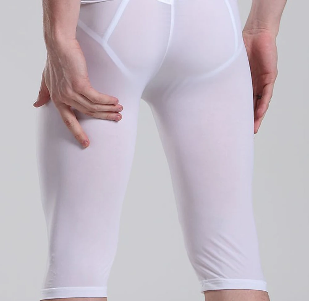 Pantalon Transparent en soie glacée pour hommes, pantalon Sexy, taille basse, cinq pièces, Sexy, serré, U, poche convexe, pyjama, pantalons respirants