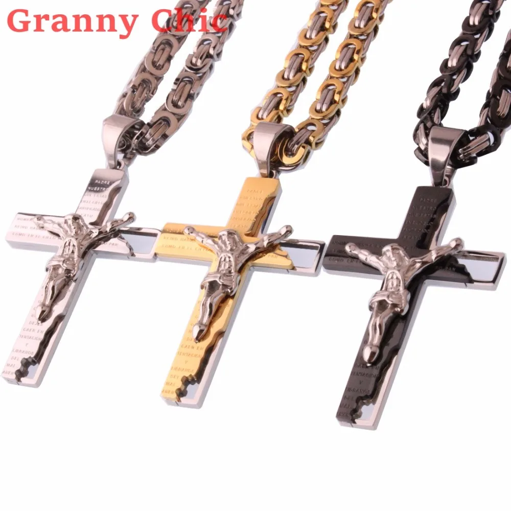 

Granny Chic New Arrival Style Cross Christ Jesus Pendant Necklace Stainless Steel 18-40" Link Byzantine Chain Men Jewelry Gift