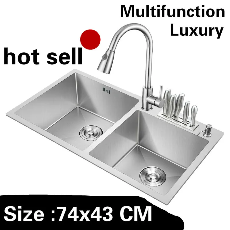 

Free shipping Apartment kitchen manual sink double groove do the dishes 304 stainless steel high quality hot sell 74x43 CM