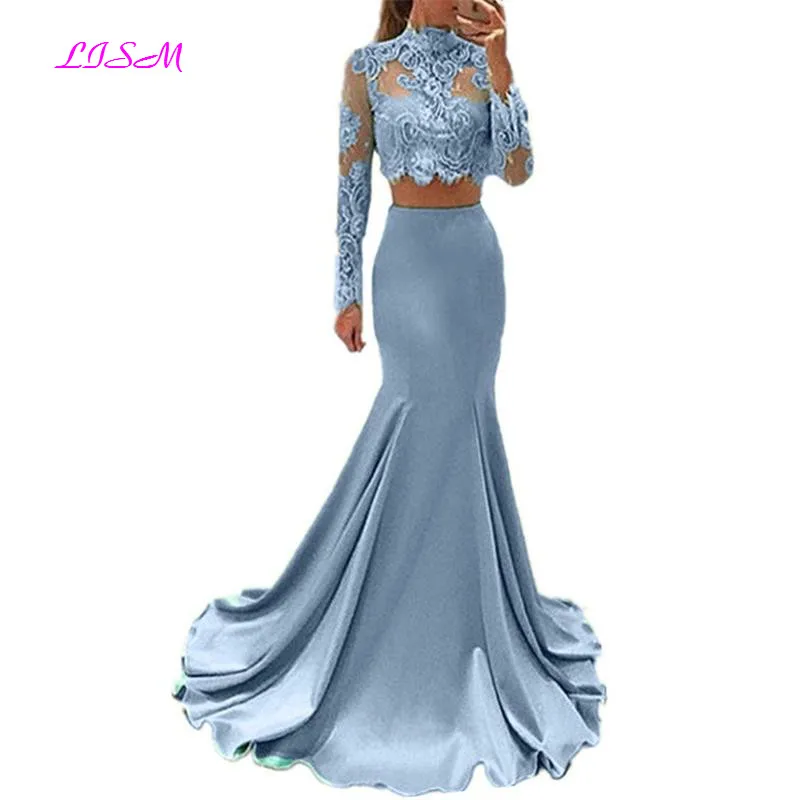 แขนยาวชุดราตรีสำหรับการสำเร็จการศึกษาคอ Mermaid 2ชิ้น Party Gowns ลูกไม้ Applique กวาดรถไฟชุดราตรีชุด