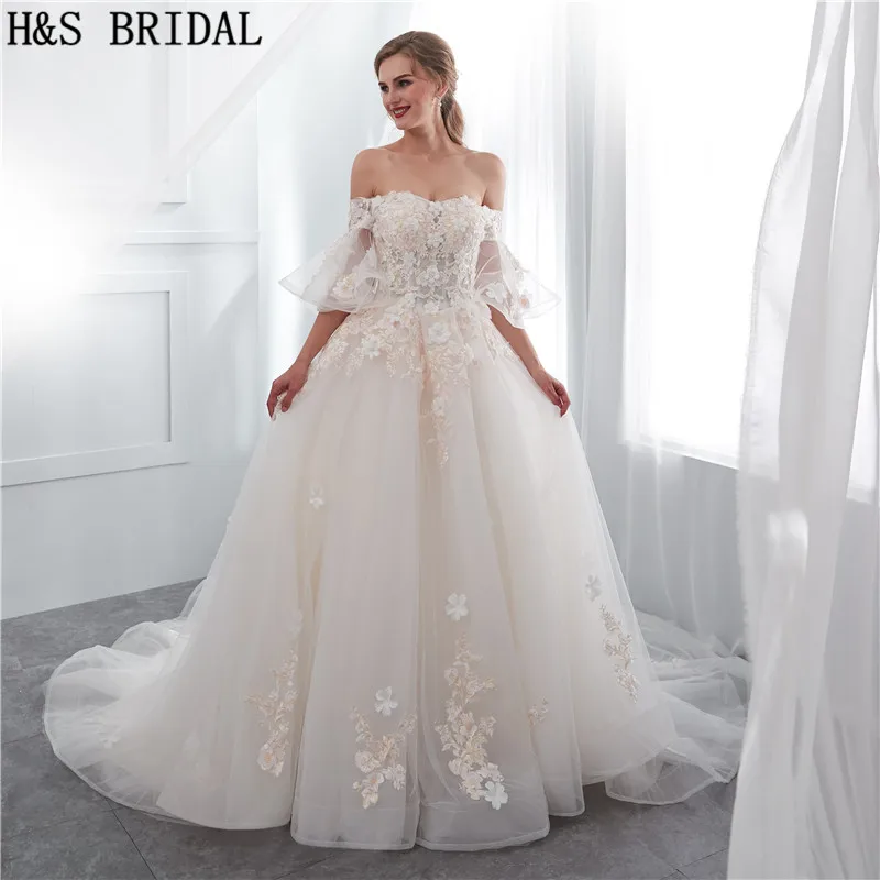 H & s bridal 오프 숄더 하프 슬리브 웨딩 드레스 우아한 레이스 아플리케 신부 드레스 vestidos de novia 2018