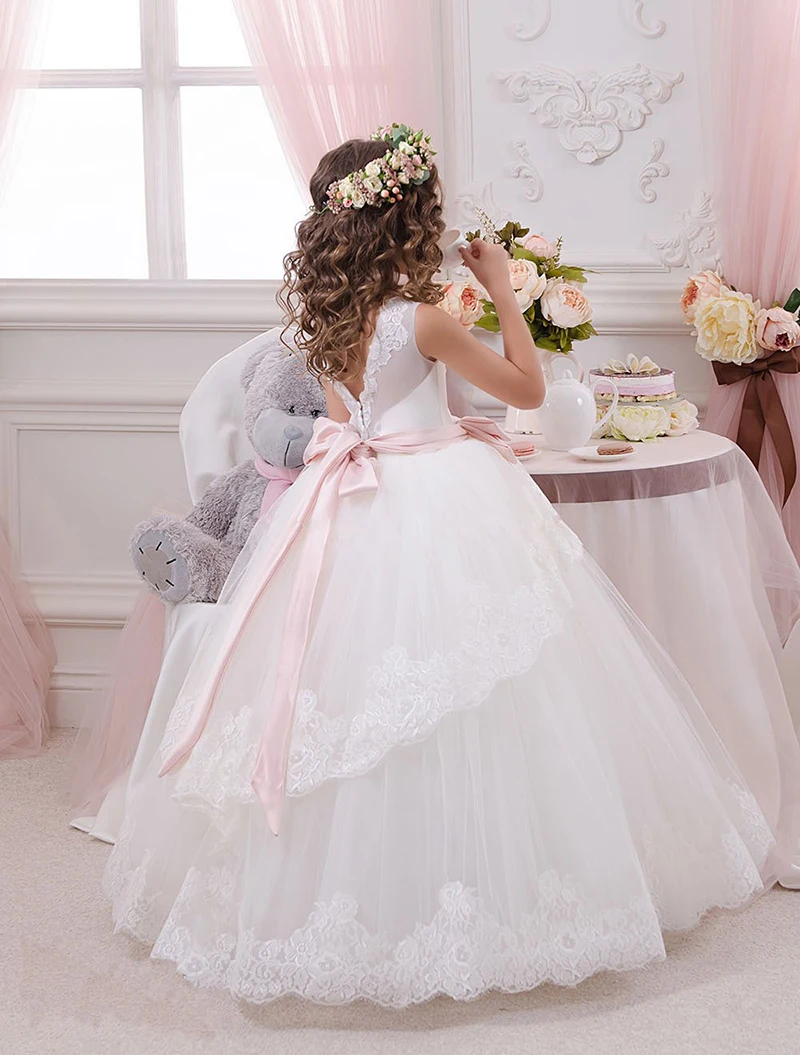 Vestidos de baile Vestidos de desfile para niñas Vestidos de primera comunión para fiesta de boda Fajas rosas Hasta el suelo Vestidos de niña de flores de encaje