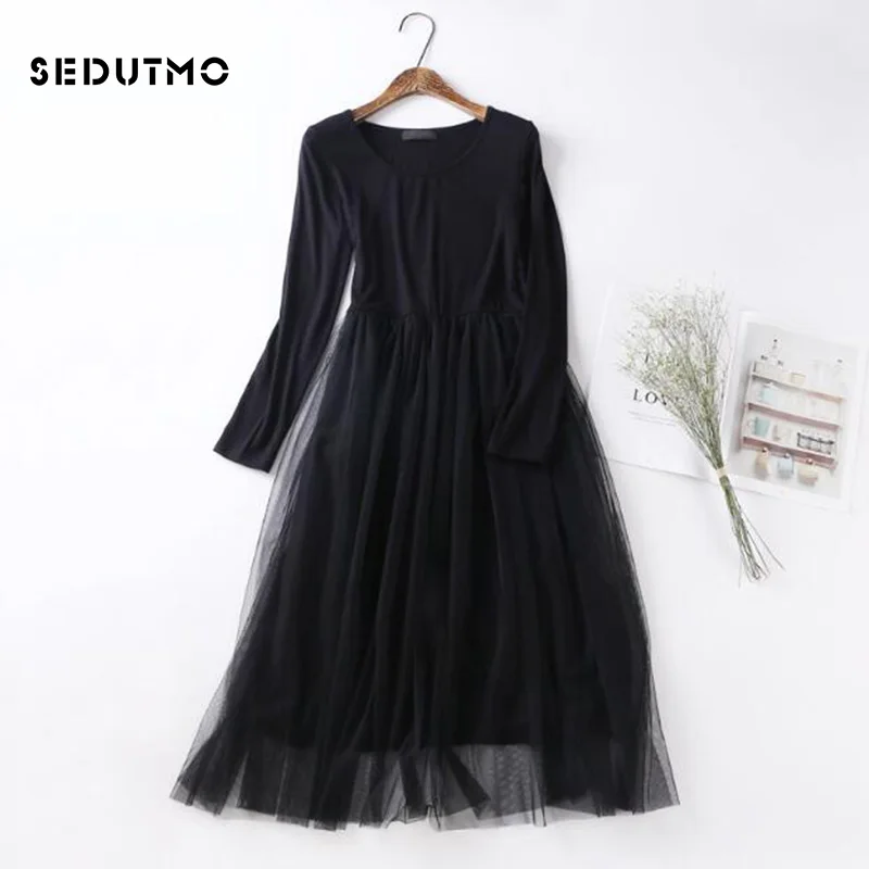 SEDUTMO 2018 Spring Long Sleeve Gauze Lace Dress Women Tunic Basic Long Dresses Summer Modal Mesh Black Sexy Party Dress ED098