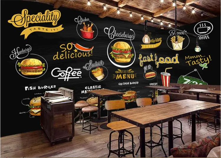 HD hand-painted blackboard pizza hamburger restaurant background wall papel de parede wallpaper  papier peint