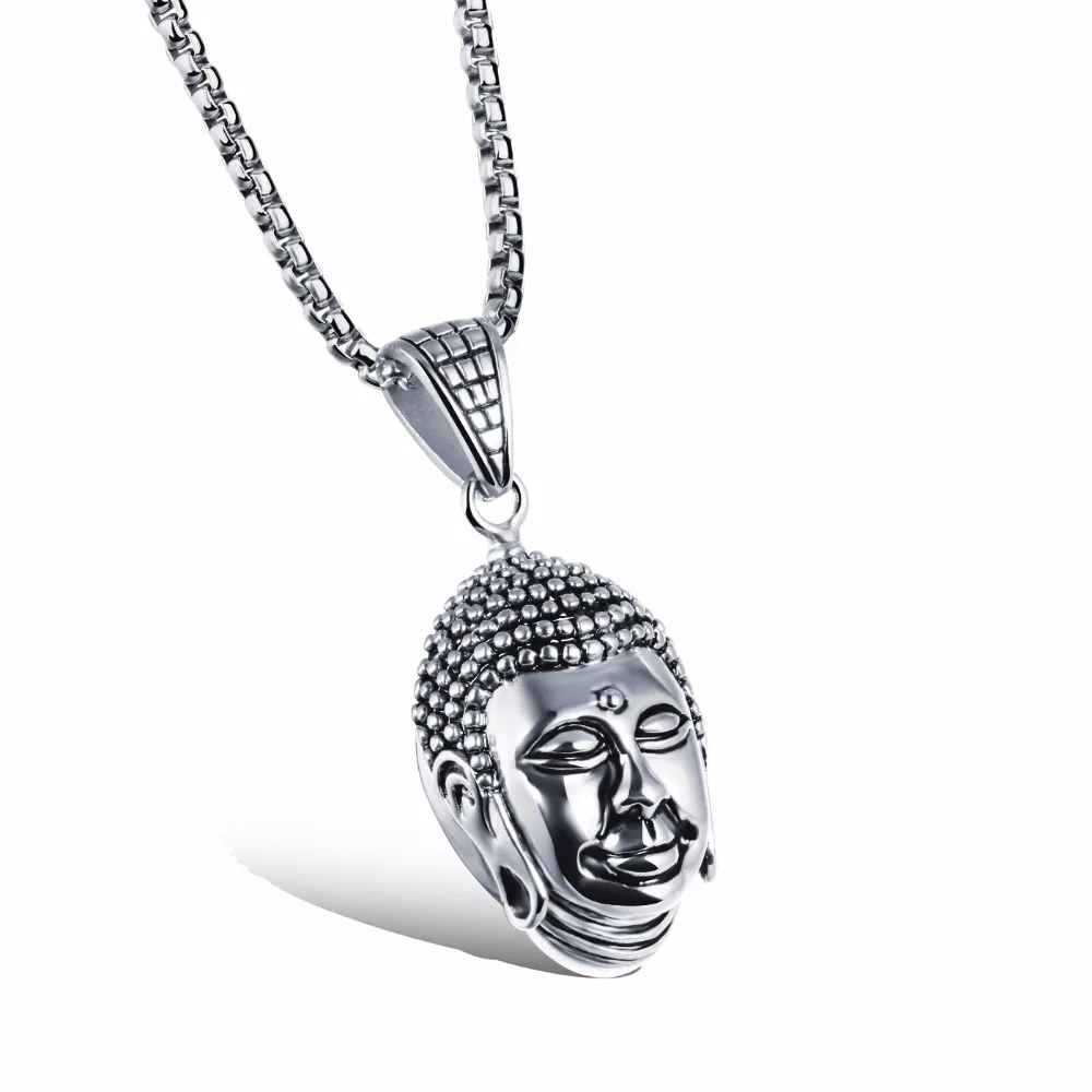 Men's Stainless Steel Buddhist Buddha Head Pendant Necklace High Polished Jewelry