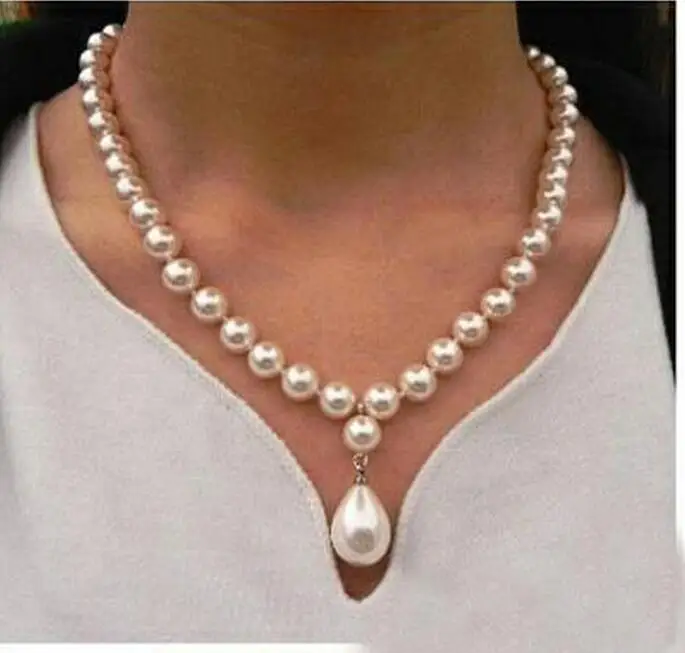 

Bright White 8mm Round Bead Natural SOUTH SEA SHELL PEARL Necklace 12mm Pendant Choker Jewelry 18inch 45cm