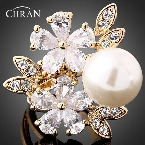 CHRAN Lovely Gold Color Crystal Simulate Pearl Ladies Party Rings Jewelry Fashion Cubic Zirconia Flower Wedding Rings for Women