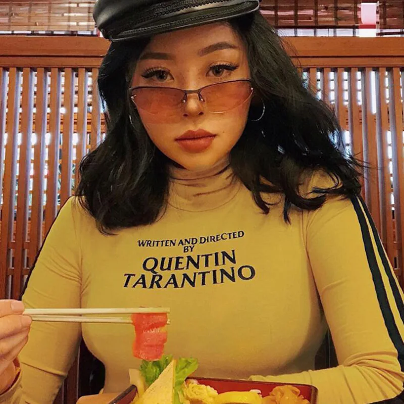 Fashion Quentin Tarantino Sexy Crop Tops Women Side Stripe Long Sleeve Turtleneck Cotton Knitted Short tshirt Lady