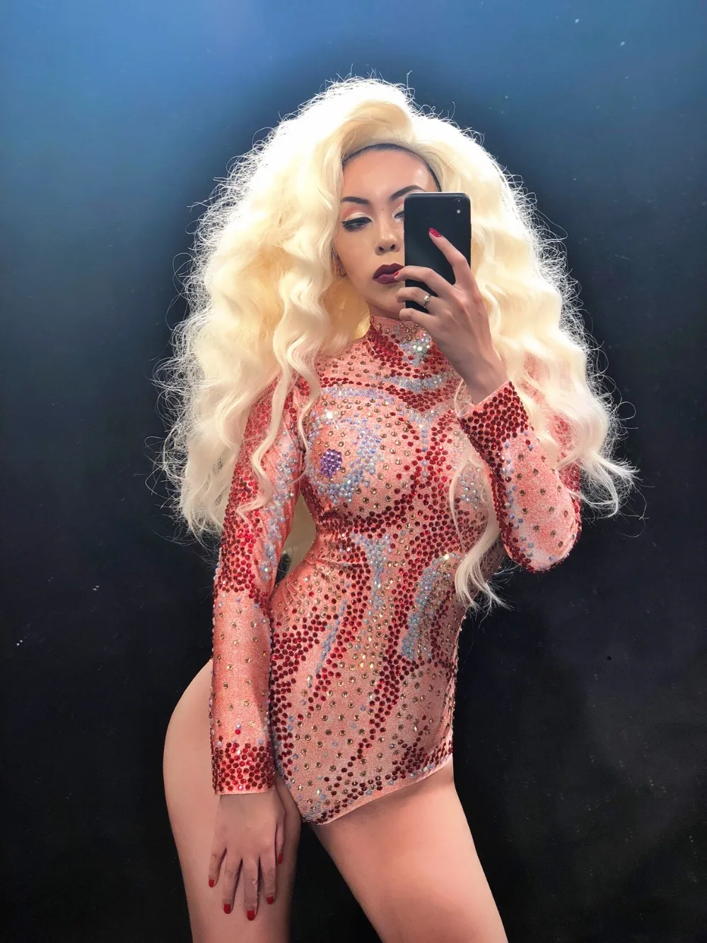 

2020 Women Red Diamond Women Sexy Bodysuit Full Of Sparkling Crystals Jumpsuit Nightclub Party Stage Wear Dancer Singer Costumes