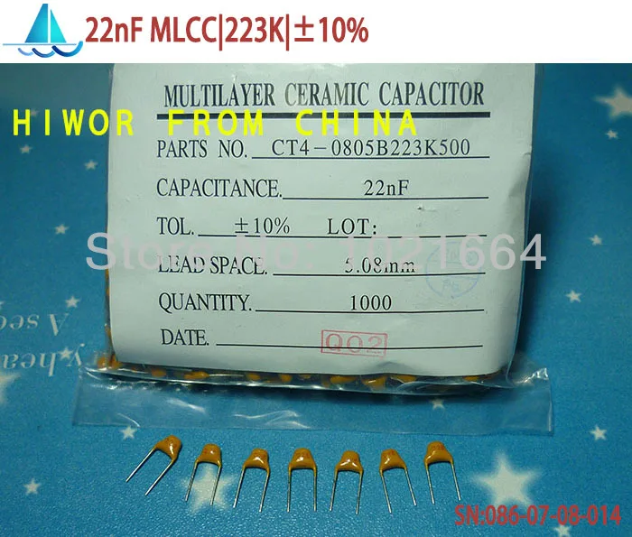 

(1000pcs/lot)(Capacitors|MLCC) 22nF 223K 50V Leaded Multilayer Monolithic Ceramic Capacitor , pitch:5.08MM, TOL:10%