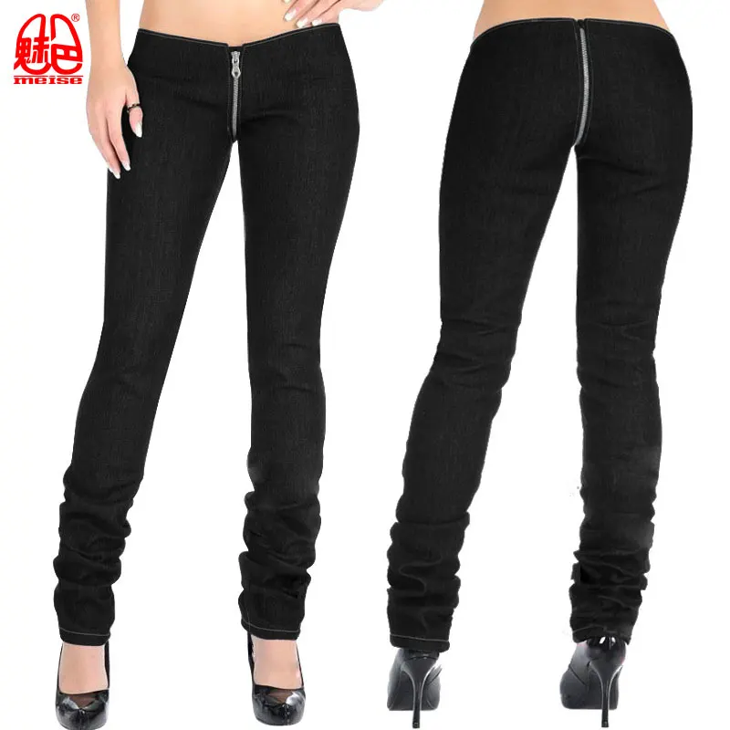 

Sexy Denim Zipper Open Crotch Depart Pencil Pants Punk Low Waist Leggings Jeans Pants Capris Club Dance Wear For Women