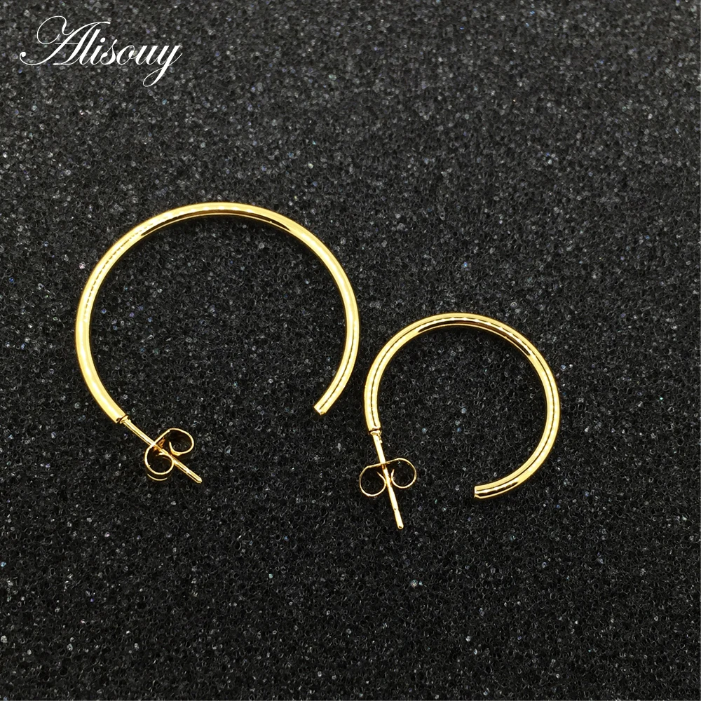 Alisouy 1 Pair Stainless Steel COOL  Color Black Gold Color Jewelry Earrings Fashion Jewelry 2mm Hollow Hoop Earrings Unisex