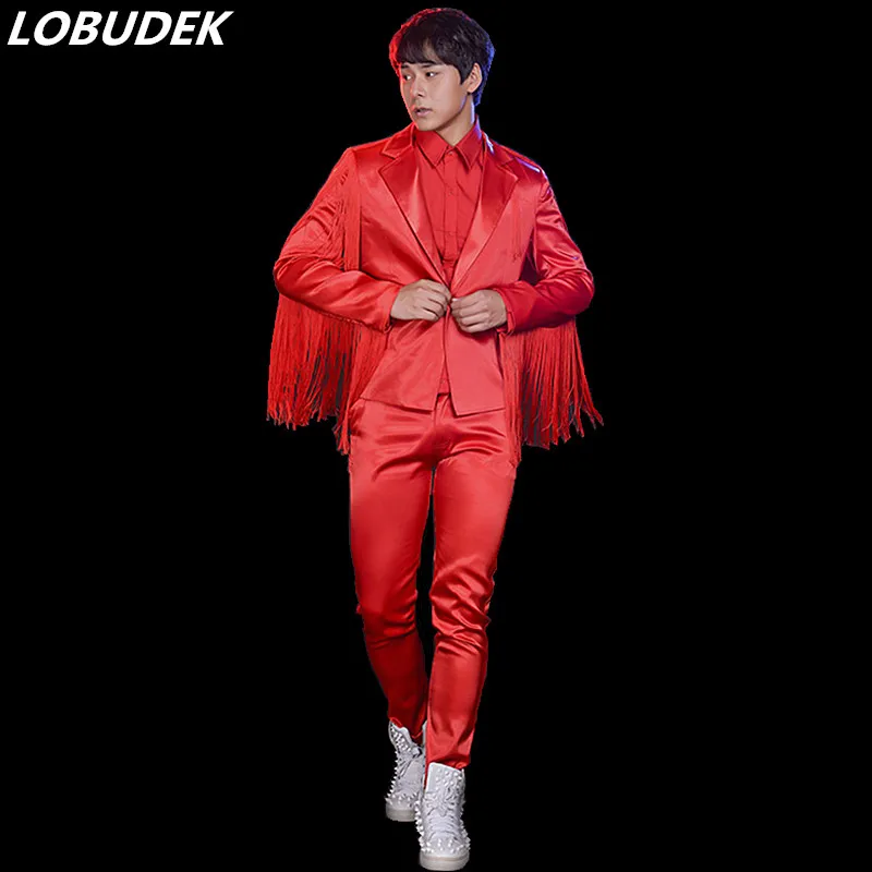 (Jacket+Vest+pants) Male 3 Piece Sets Red Tassels Men's Suits Tide Singer Drums Costume Star Vocal Concert Show Stage Outfits