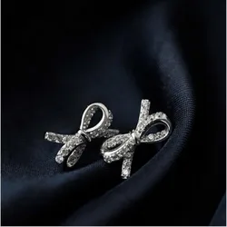 New Fashion Bright Temperament 925 Sterling Silver Jewelry Bow Bowknot Sweet Female Crystal Zircon Earrings  E213