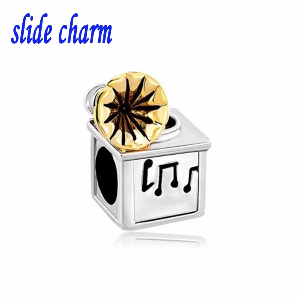 slide charm Free shipping New European fashion vintage gramophone charm beads fit Pandora bracelet