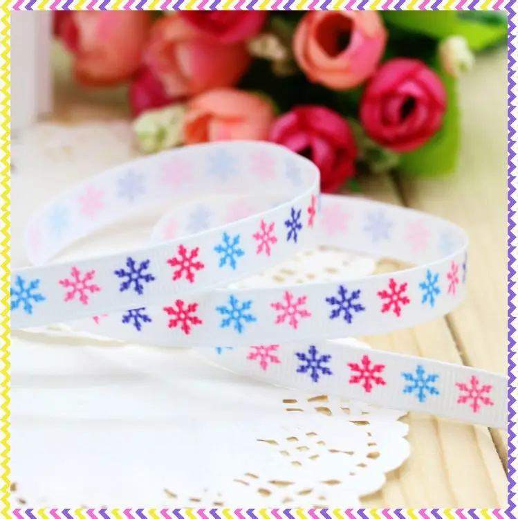 DHK 3/8'' 5yards snowflake printed grosgrain ribbon headwear hair bow diy party decoration OEM Wholesale 9mm C1240