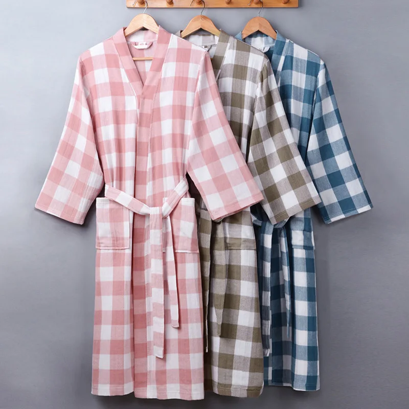 

Summer Autumn New 100% Cotton Robes Double deck Gauze Plaid Kimono Nightgown Loose Big Size Home Bathrobe Dressing Gown Robes