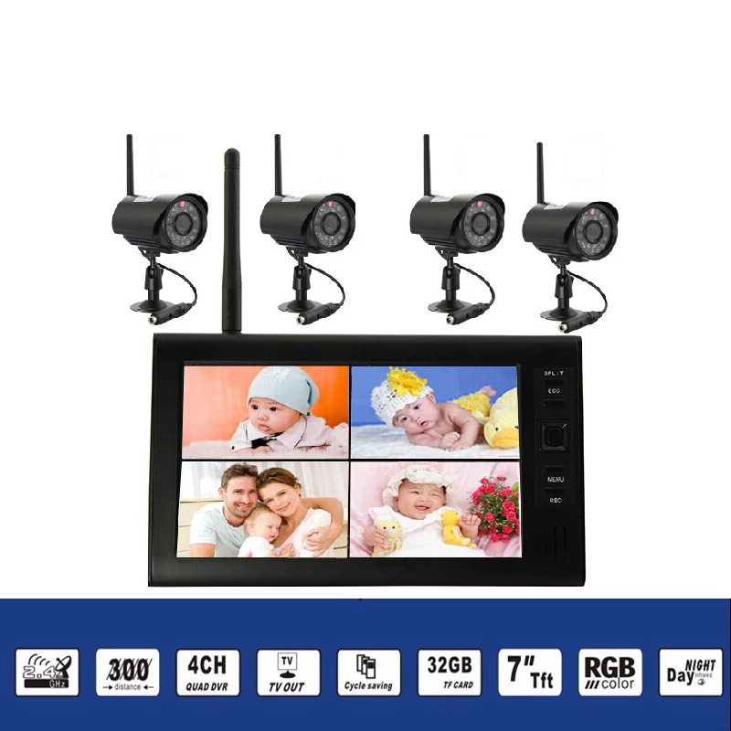 2.4Ghz Wireless Baby Monitor Kit Concluding 4Ch Digital Waterproof Bullet Camera and 7inch TFT LCD Monitor with QUAD Display