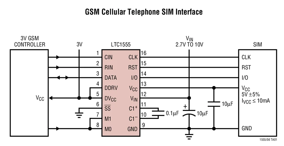 LTC1555 LTC1555CGN LTC1555IGN — источник питания SIM и преобразователь уровня