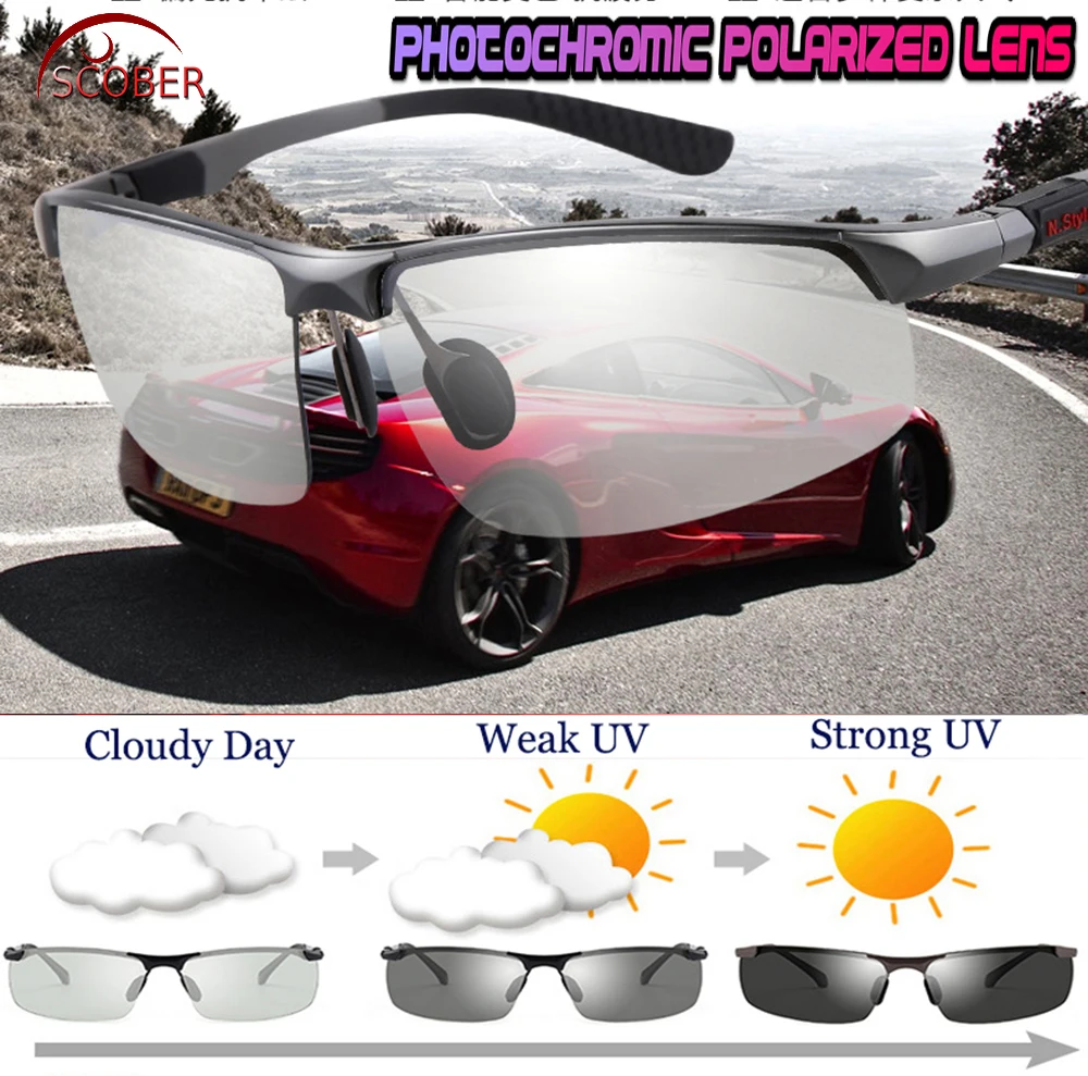 

AL-mg alloy Men Photochromic Polarized Sunglasses Rimless Frame UV Polaroid Sports Driving Outdoor Designer Sun Glasses