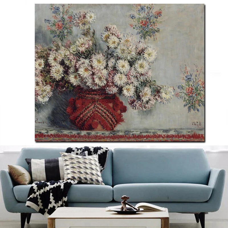 

HD Print Still Life Wild Chrysanthemums Vase Monet Floral Oil Painting on Canvas Art Sofa Wall Picture for Living Room Cuadros