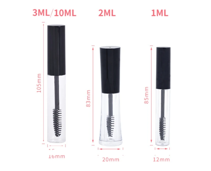 

1000pcs 1ml 2ml 3ml 10ML Plastic Clear Empty Mascara Tube Vial Bottle Container With Black Cap For eyelash growth medium mascara