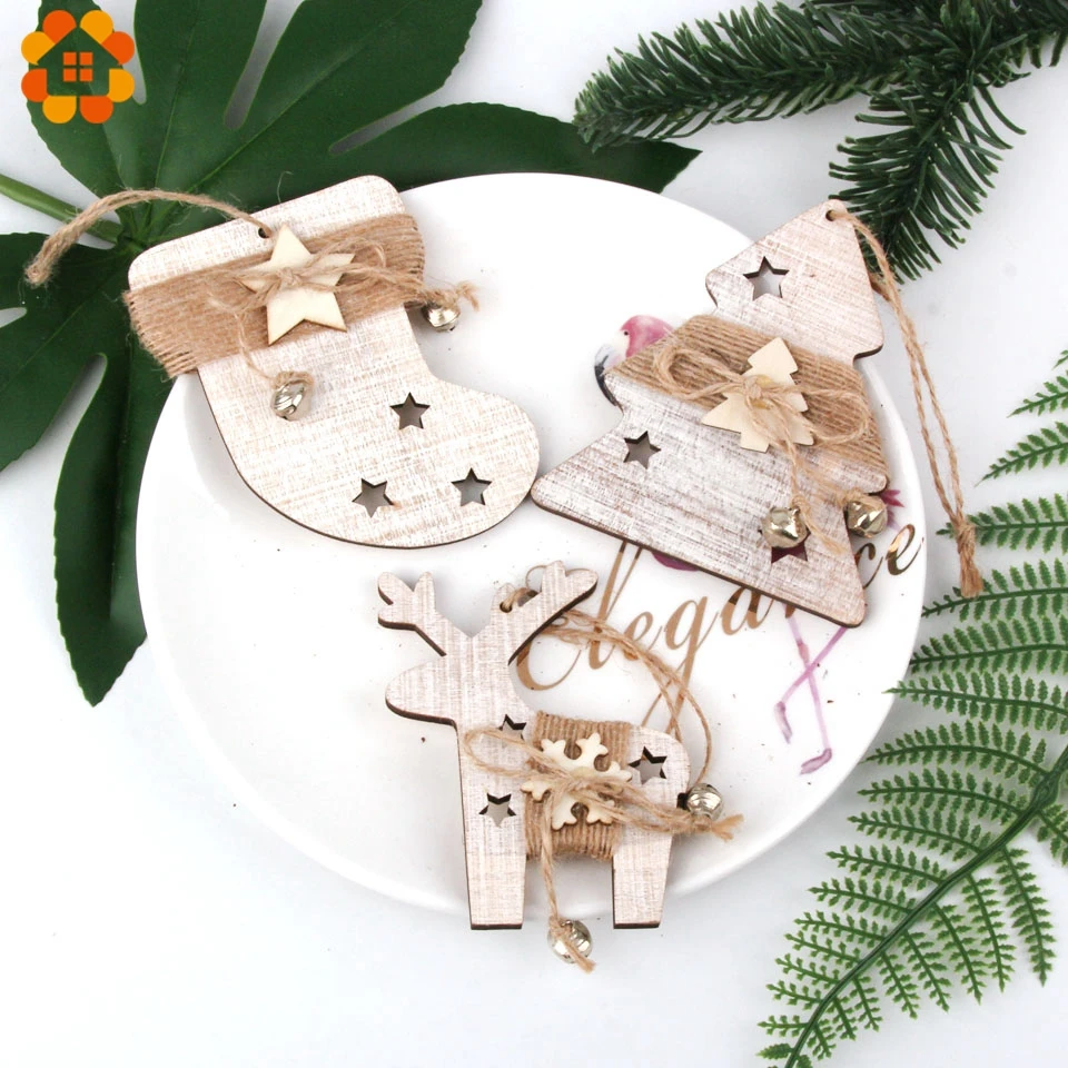 1PC Vintage Christmas Wooden Deer/Sock/Tree/Star Pendants Ornaments Wood Crafts Kids Gift Christmas Tree Ornaments Decorations