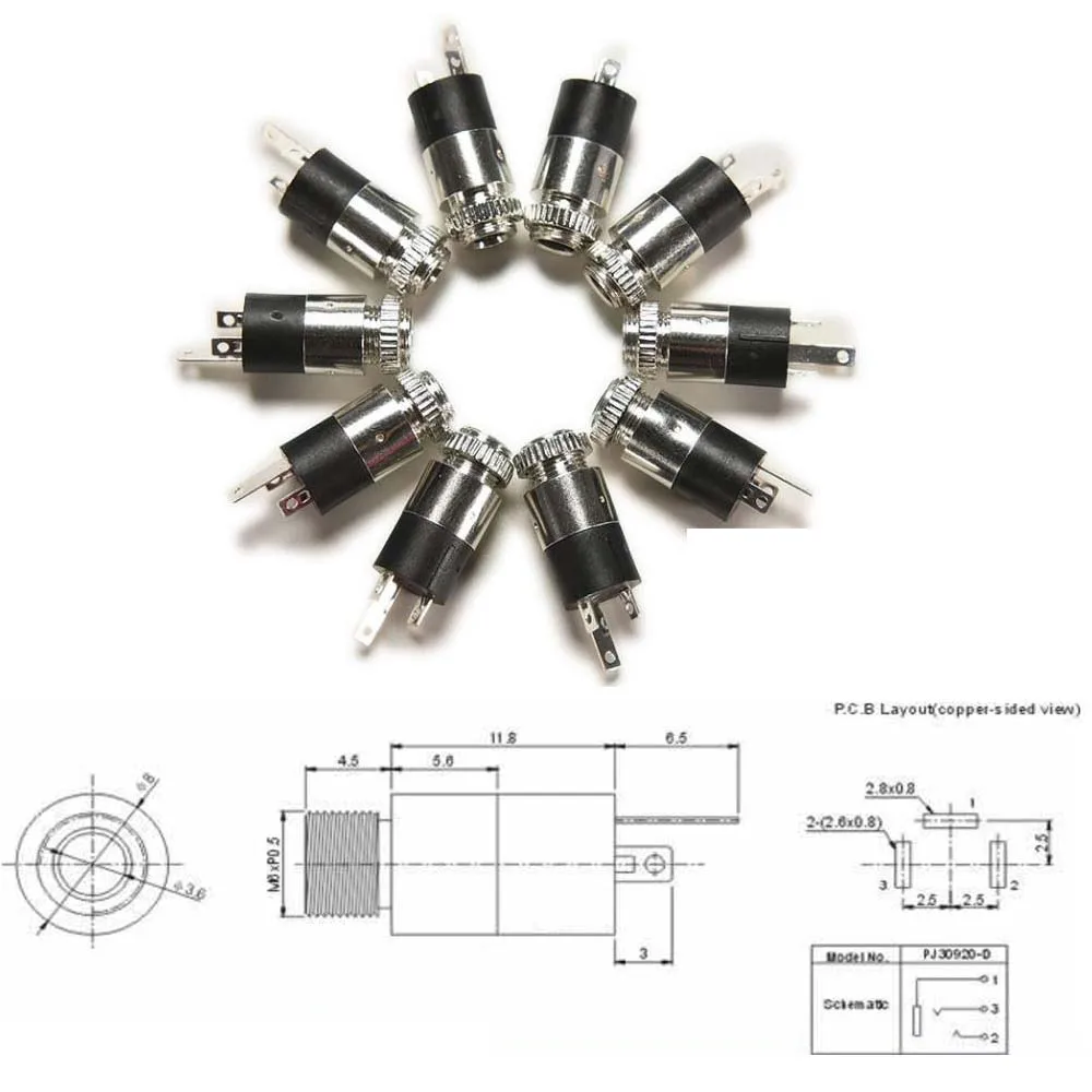 10pcs PJ-392 3Pin 3.5mm Stereo Headphone Audio Video Jack Socket Plug With Nut s252