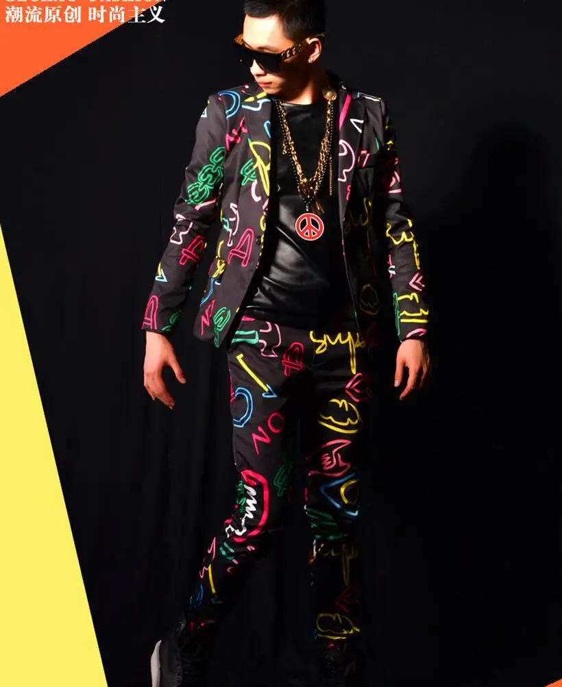 Spring New Men\'s Fashion Slim Jacket Neon Colors Suit Set Coats Singer Stage Costumes Male Pus Size Performance Blazers Clothing