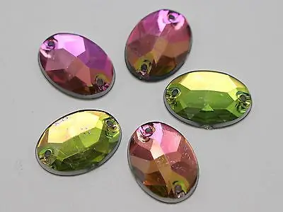 

100 Rainbow AB Flatback Acrylic Faceted Oval Sewing Rhinestone Beads 13X18mm