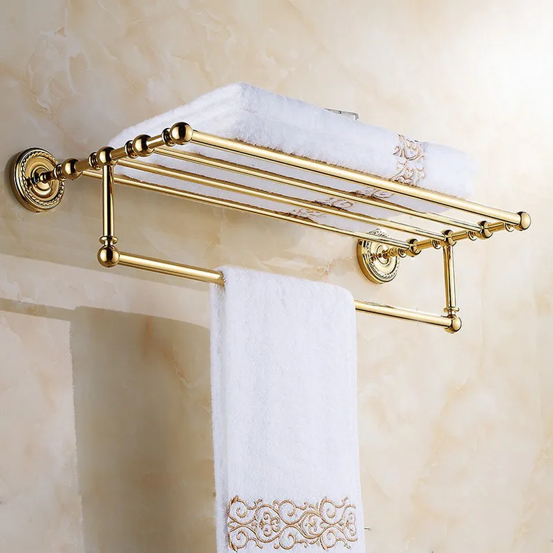 

Golden Polished Bathroom Wall Mounted Towel Rail Holder Shelf Storage Rack Double Towel Rails Bar Bathroom Hotel KD766