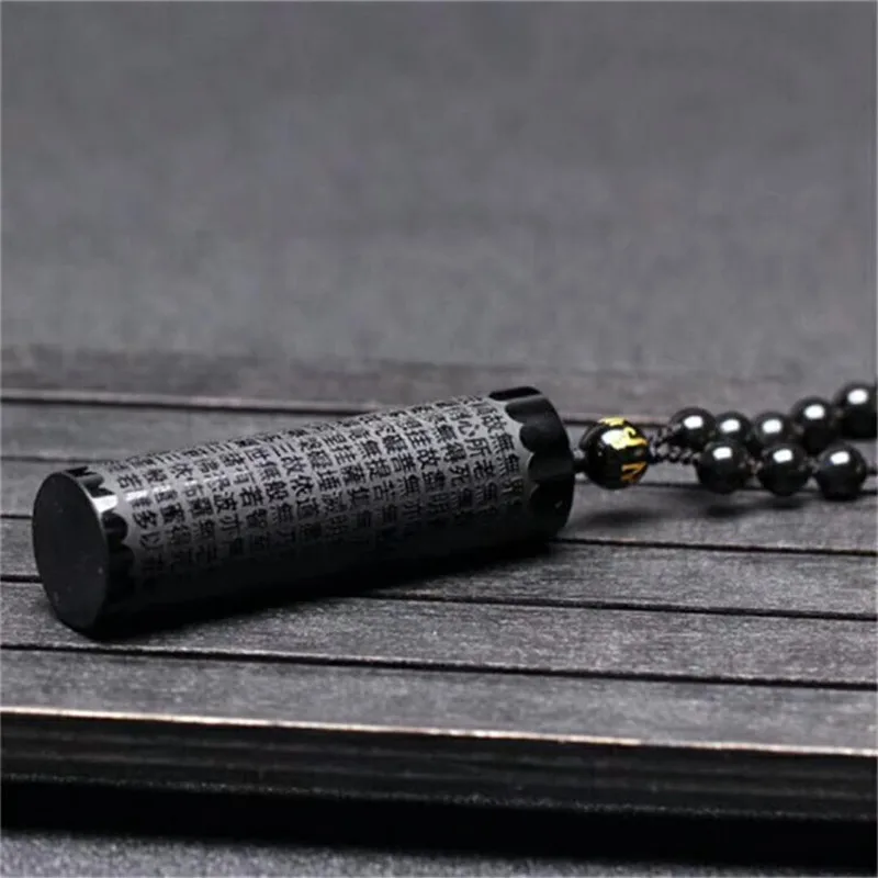Natural Obsidian Pendant Prajna paramita Sutra Buddha Necklace Pendant Men's And Women's Jewelry Free Round Beads Chain Box