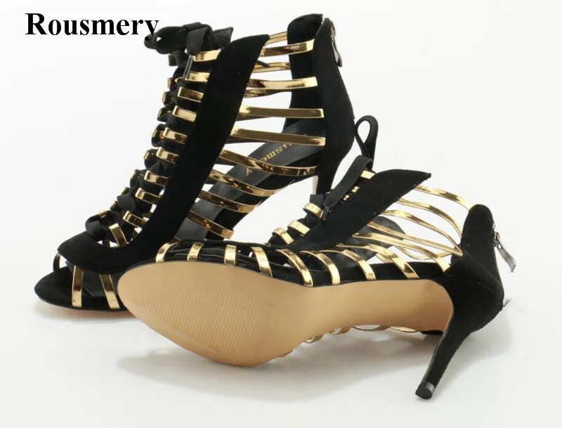 

Rousmey New Fashion Women Open Toe Black Suede Leather Gladiator Sandals Cut-out Gold Straps High Heel Sandals Dress Shoes