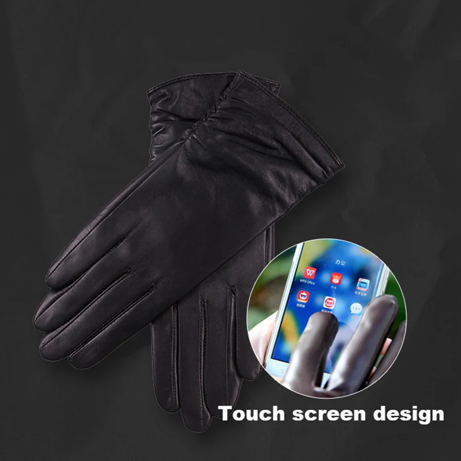 Ladies Fashion Leather Gloves Autumn And Winter Plus Velvet Thickening Driving Warm Sheepskin Gloves Female Touch Screen L17011C