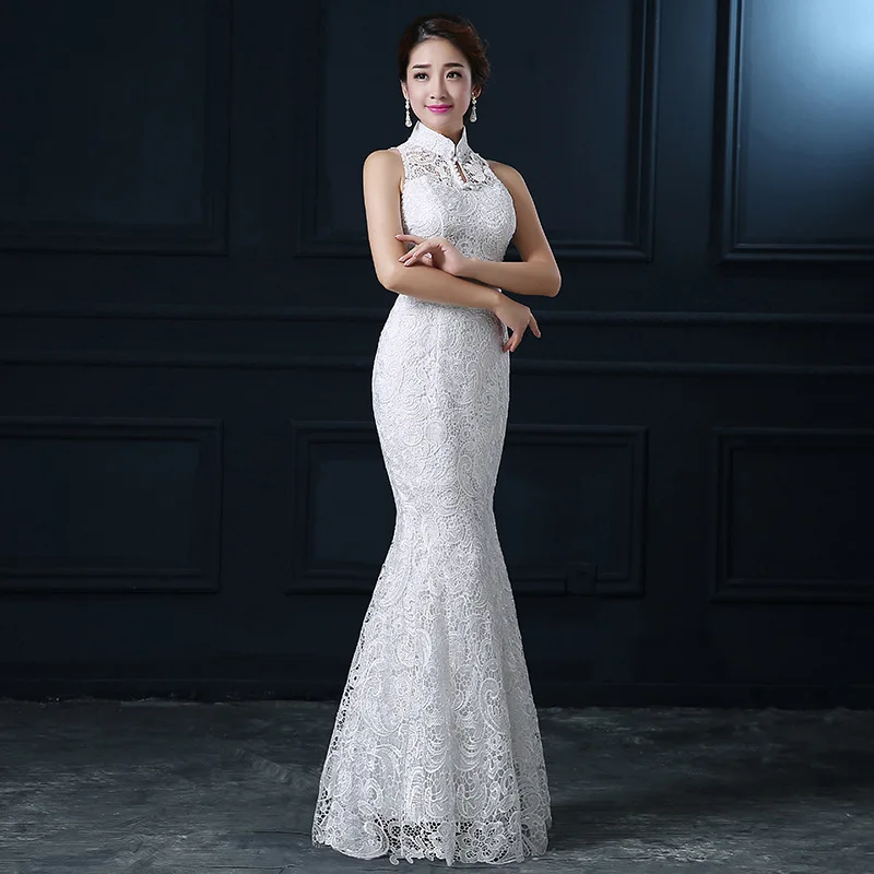 Qipao White Lace Cheongsam Modern Chinese Traditional Wedding Dress Women Oriental Collars Sexy Long Qi Pao evening mermaid gown