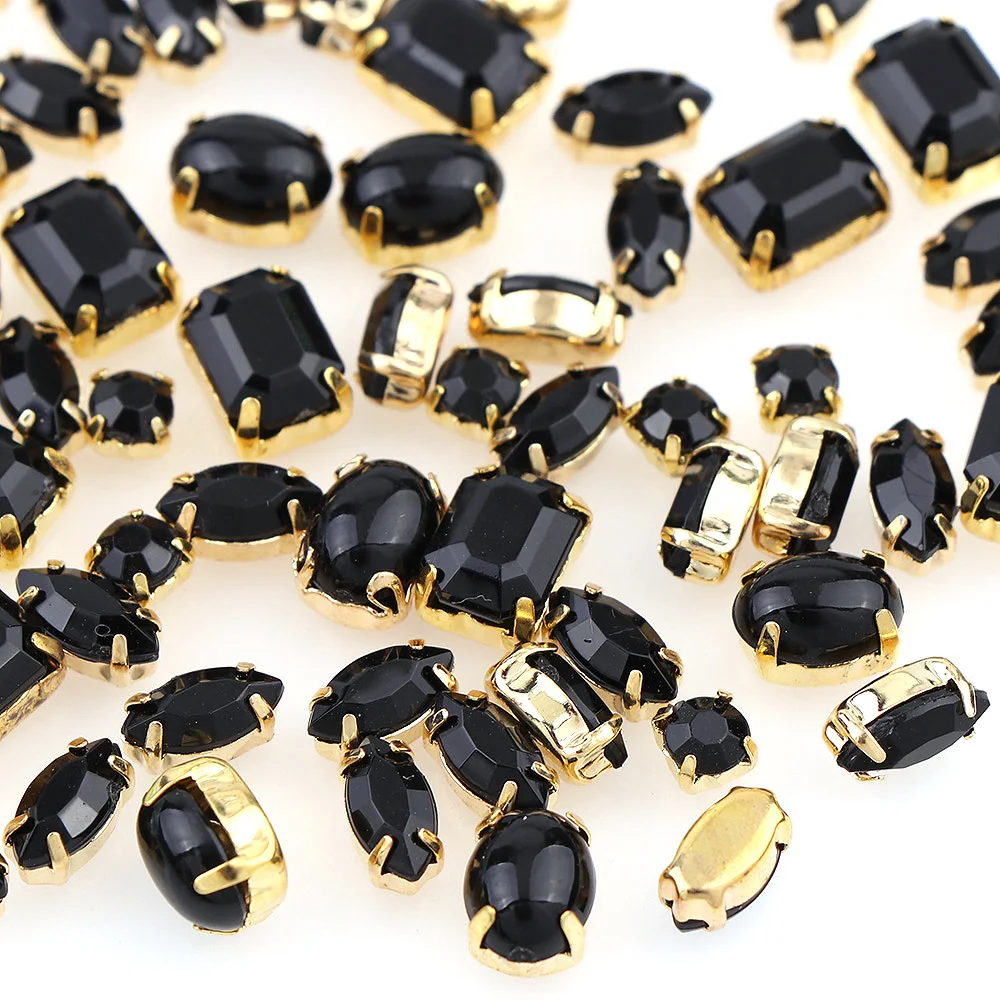 60Pcs Mixed Shape Black Resin Opal With Gold Base Copper Claw Stone Strass Diamond Stones For DIY Nail Art Decoration