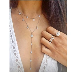 Long Y lariat chain collar necklace gold silver color with cz sparking bling star charms classic trendy women jewelry