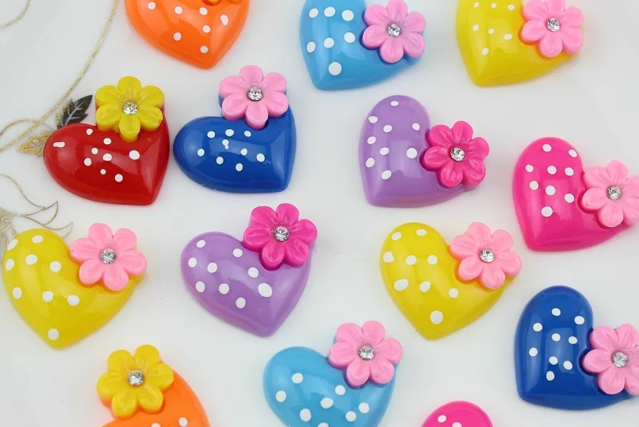 

100pcs 30mm glitter heart w/flower rhinestone cabochon-flat back resin scrapbook Kawaii cameo-Bobby Pins,Pendants D25