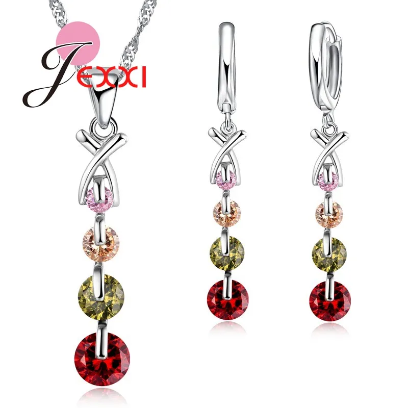 Fashion Long Beading Pendant Jewelry Set Gradient Beading Original Charm Necklace Earring For Women Red CZ Crystal Stone P