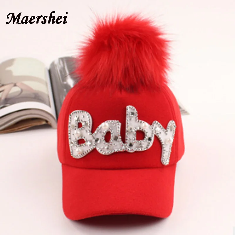 Baseball Cap Boys Girls solid snapback Caps Child Hip Hop  Wool fur hair ball kids Winter Hat