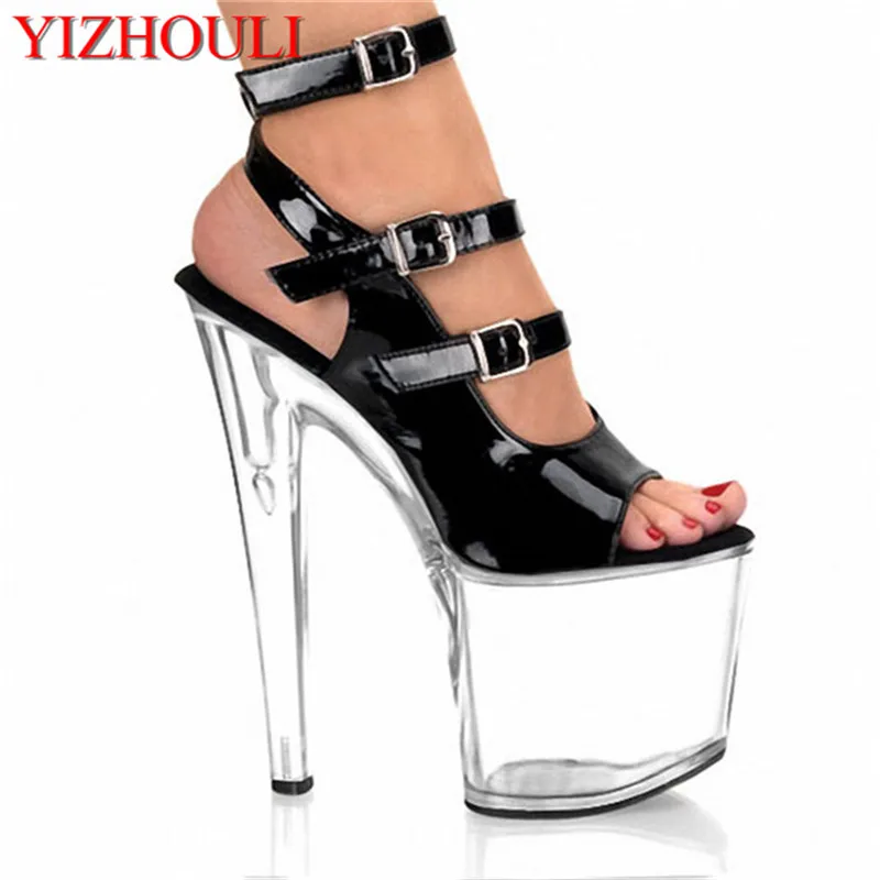 8 Inch Heel Clear High Platform Shoe Ankle Strap 20cm Stripper Shoes Open Toe Black crystal shoes temptation high heels sandals