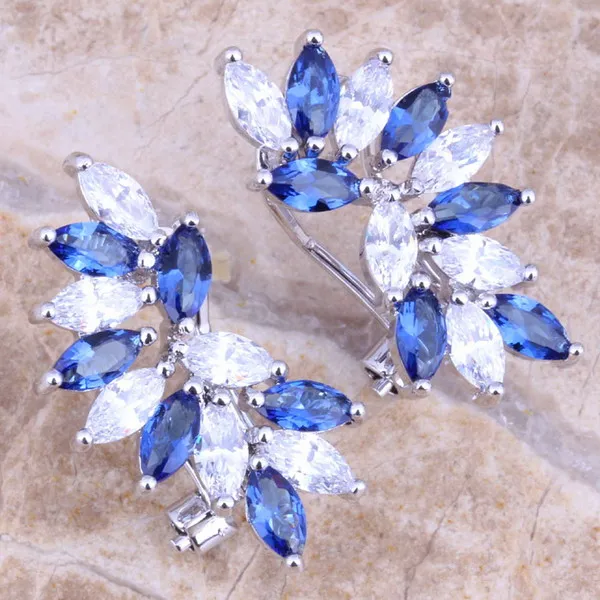 Blue Cubic Zirconia White CZ Silver Plated Clip Huggie Earrings S0238